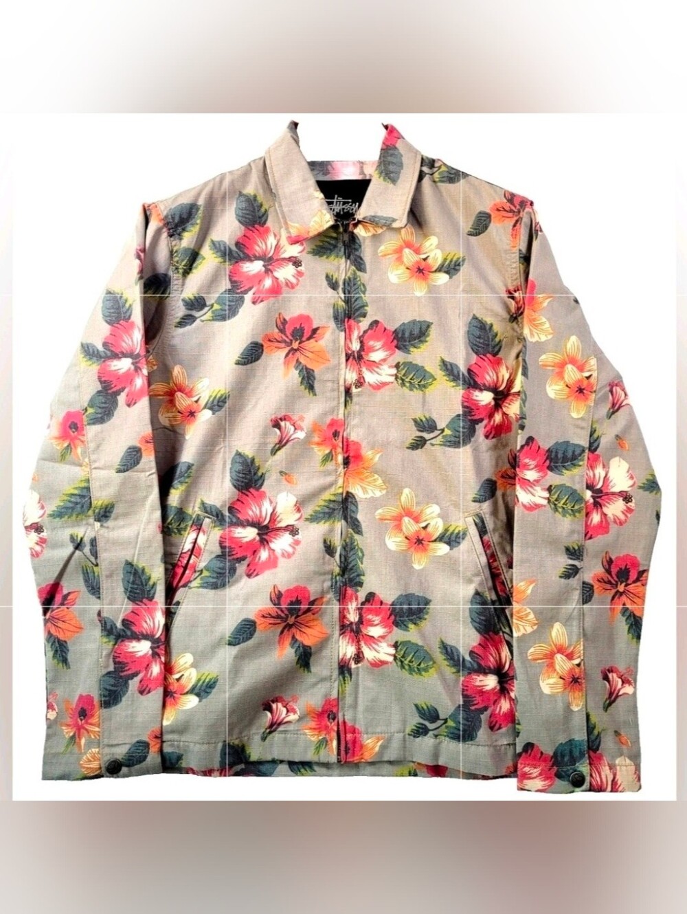 Stussy Made USA Hibiscus Floral Zip Jacket Mens M 2000s Archive Skate Sreet
